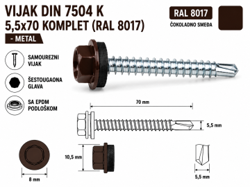 VIJAK DIN 7504 K 5,5x70 KOMPLET (RAL 8017)-METAL